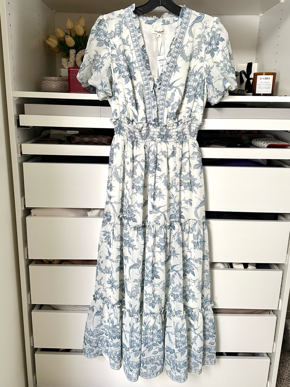 Max Studio Blue & White Floral V-Neck Midi Dress with sleeves NWT